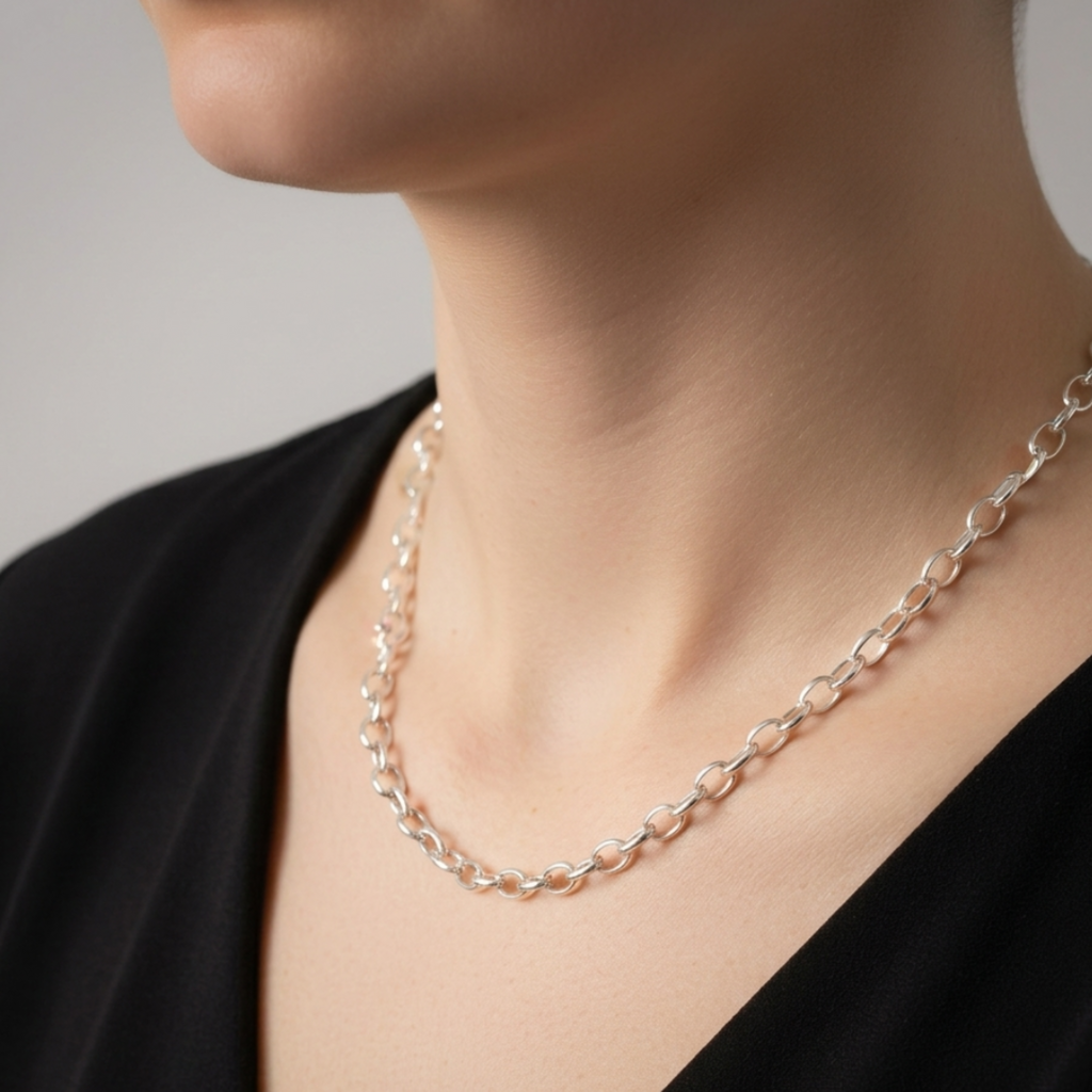 Nahaufnahme des Halses und Dekolletés einer Person in einem schwarzen Oberteil, die eine silberne Gliederkette aus 925er Silber im Rolo-Stil (Ankerkette) trägt.