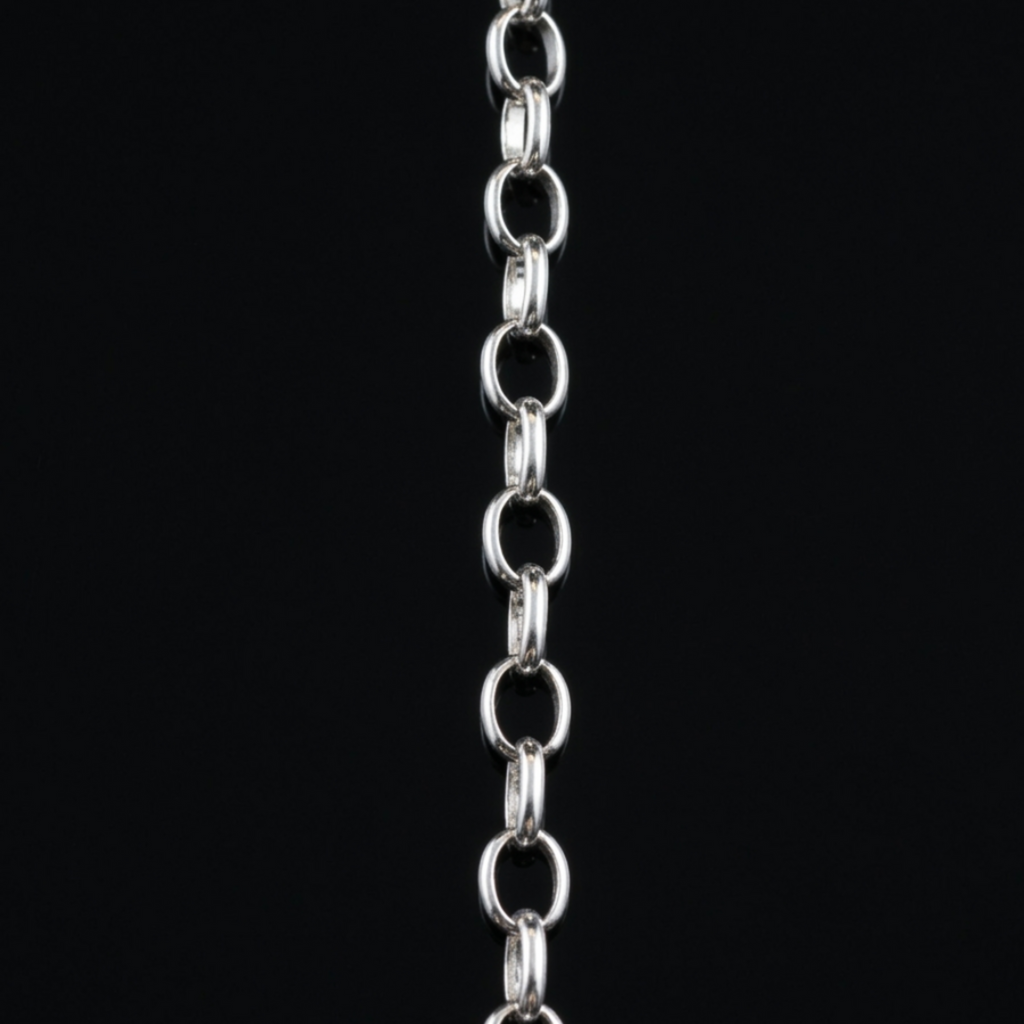 Detailansicht einer silbernen Gliederkette im Rolo-Stil, die sich auf einem dunklen, reflektierenden Hintergrund spiegelt.
