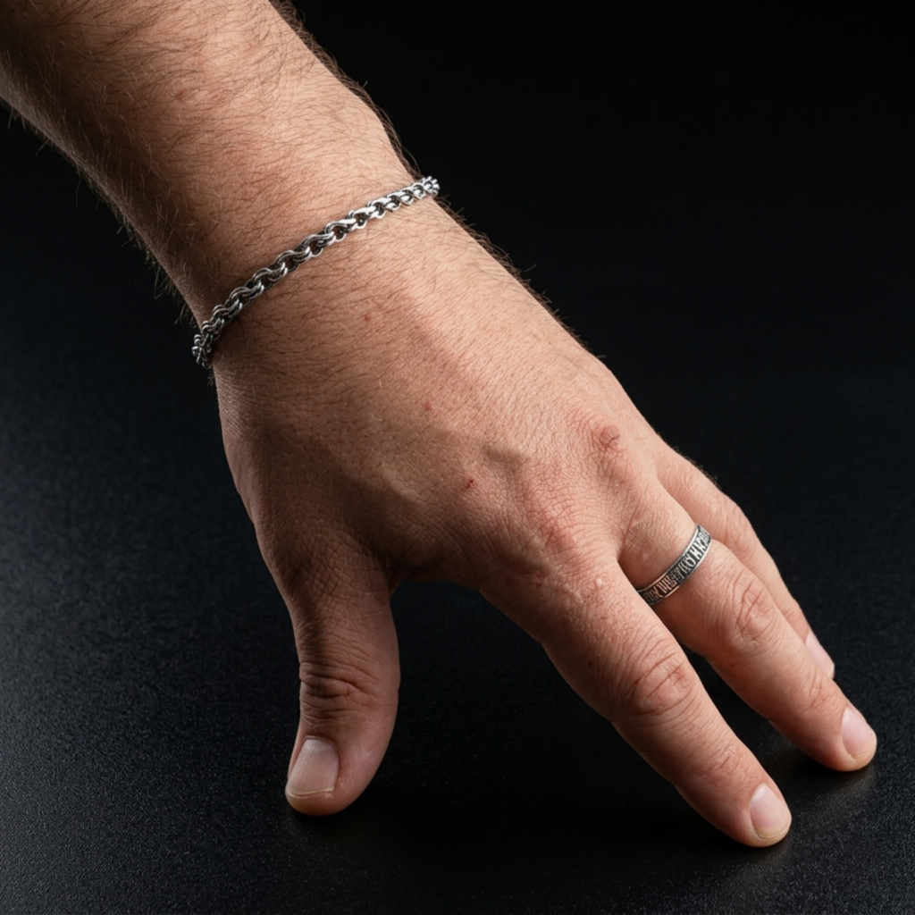 Silberarmband Modell Bismarck-Bach aus 925 Sterling Silber mit oxidierter Oberfläche an einer Hand vor dunklem Hintergrund.