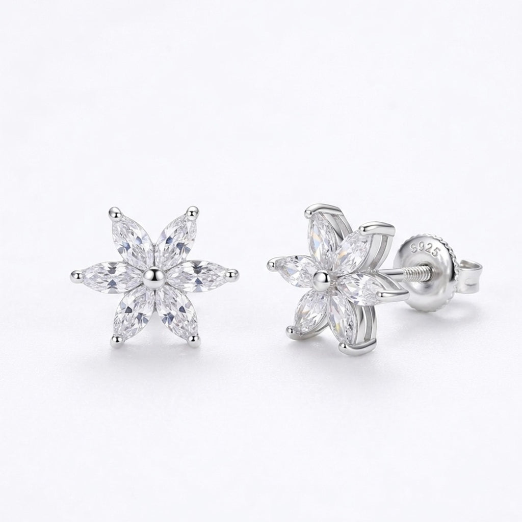 Blumen-Ohrstecker 925 Sterling Silber mit Zirkonia  rhodiniert mit Schraubverschluss