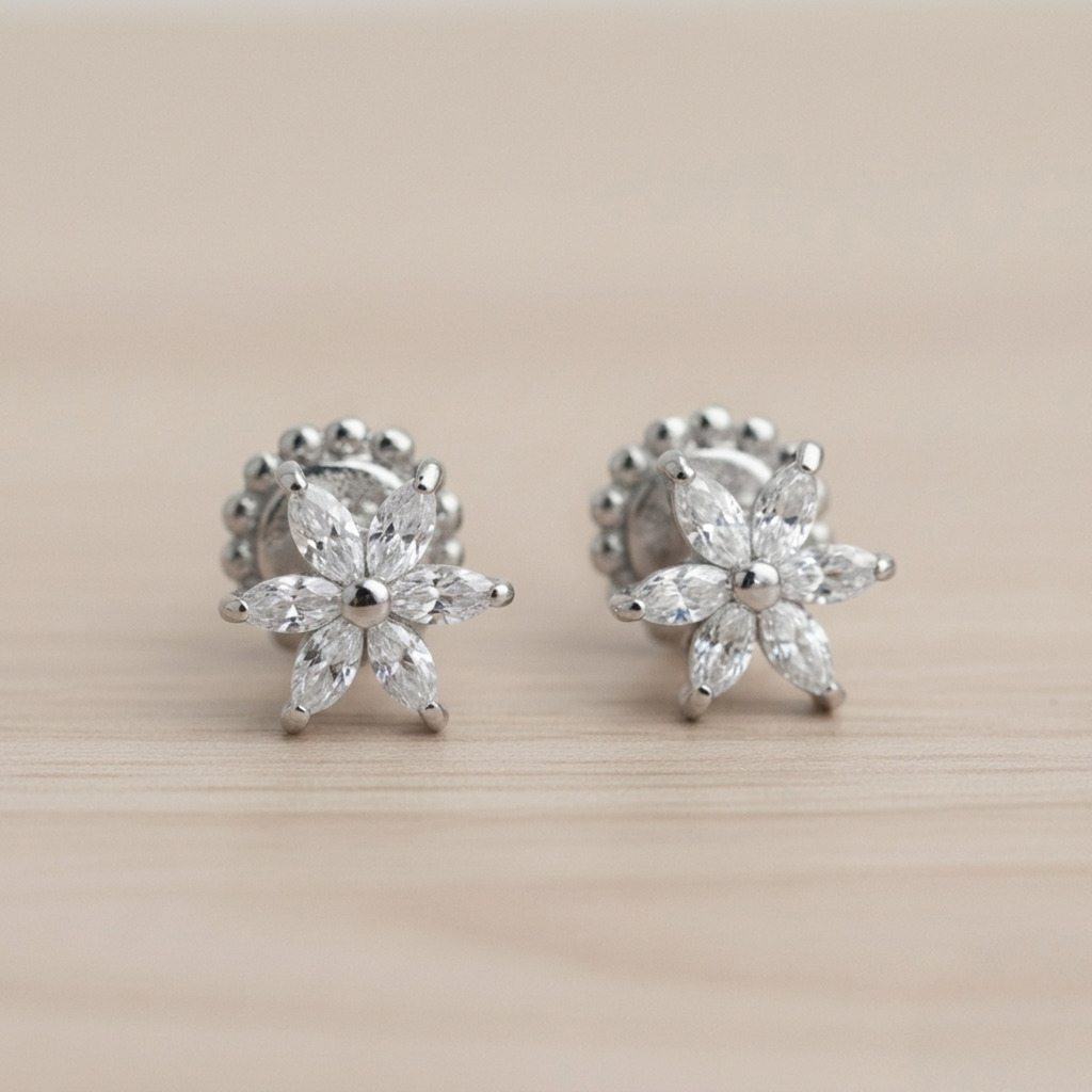 Blumen-Ohrstecker aus 925 Sterling Silber rhodiniert mit funkelnden Zirkonia-Steinen und Schraubverschluss