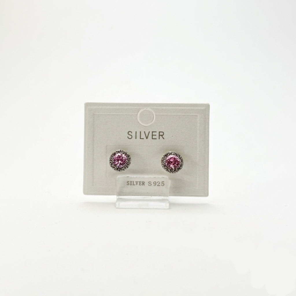 925 Silber Halo-Ohrstecker rhodiniert mit rosa Zirkonia und Schraubverschluss.