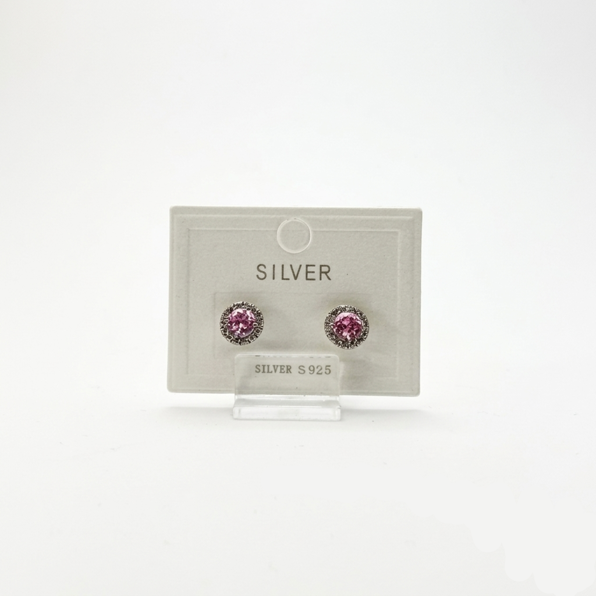 925 Silber Halo-Ohrstecker rhodiniert mit rosa Zirkonia und Schraubverschluss.