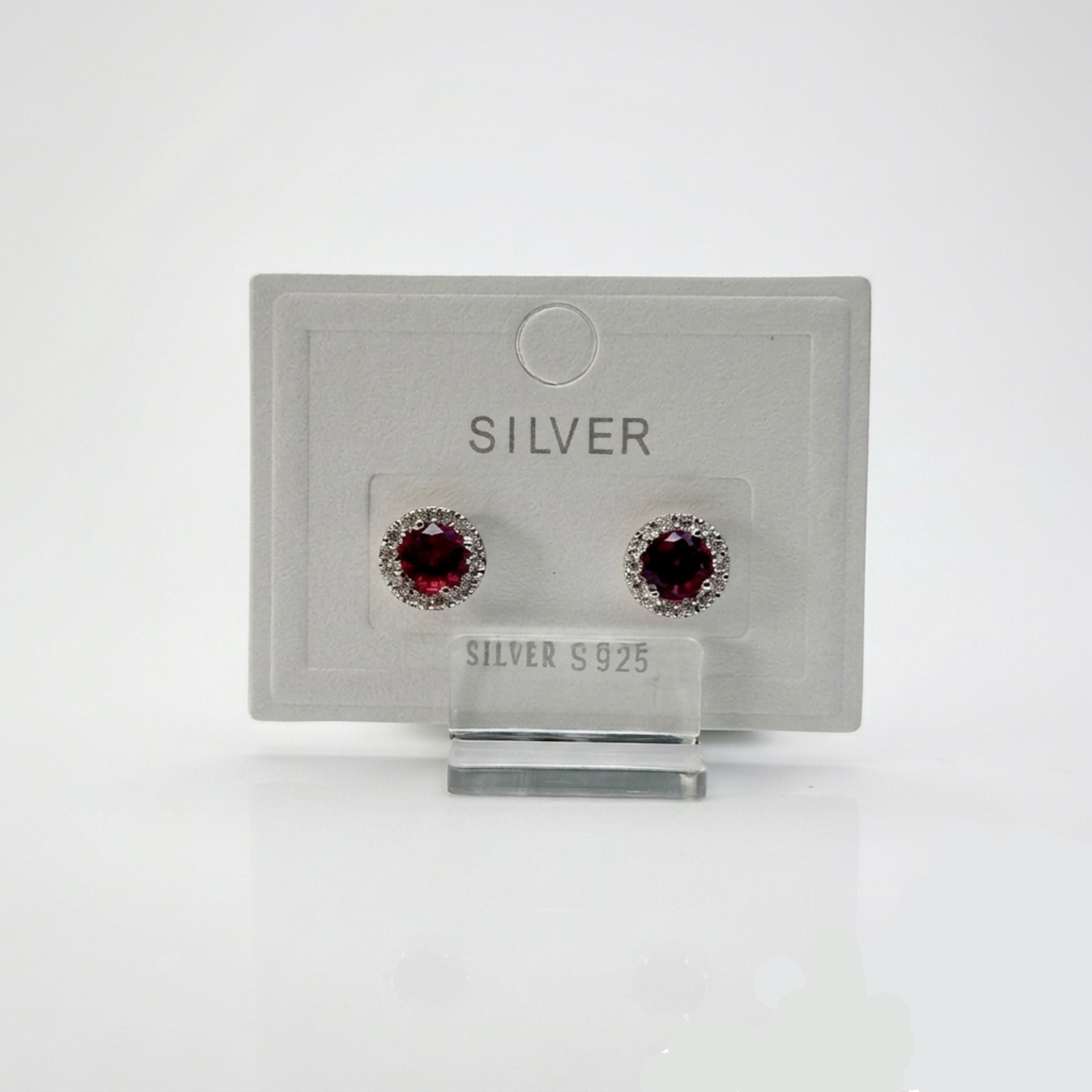 Handgefertigter 925 Silber Halo-Ohrstecker mit rotem Zirkonia