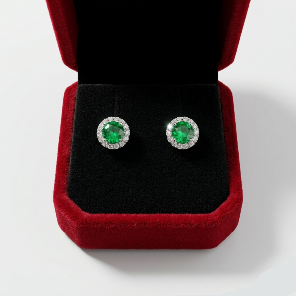 Ein Paar 925 Sterling Silber Halo-Ohrstecker rhodiniert mit grünem Zirkonia-Stein und Schraubverschluss in einer roten Samt-Schmuckbox.