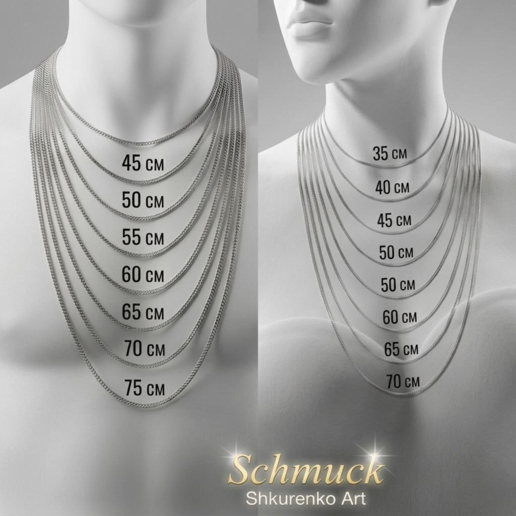 Größentabelle für handgefertigte Silberketten aus 925er Silber von Schmuck Shkurenko Art. Zeigt den ungefähren Kettenlängen Vergleich von 35 cm bis 75 cm am Körper.