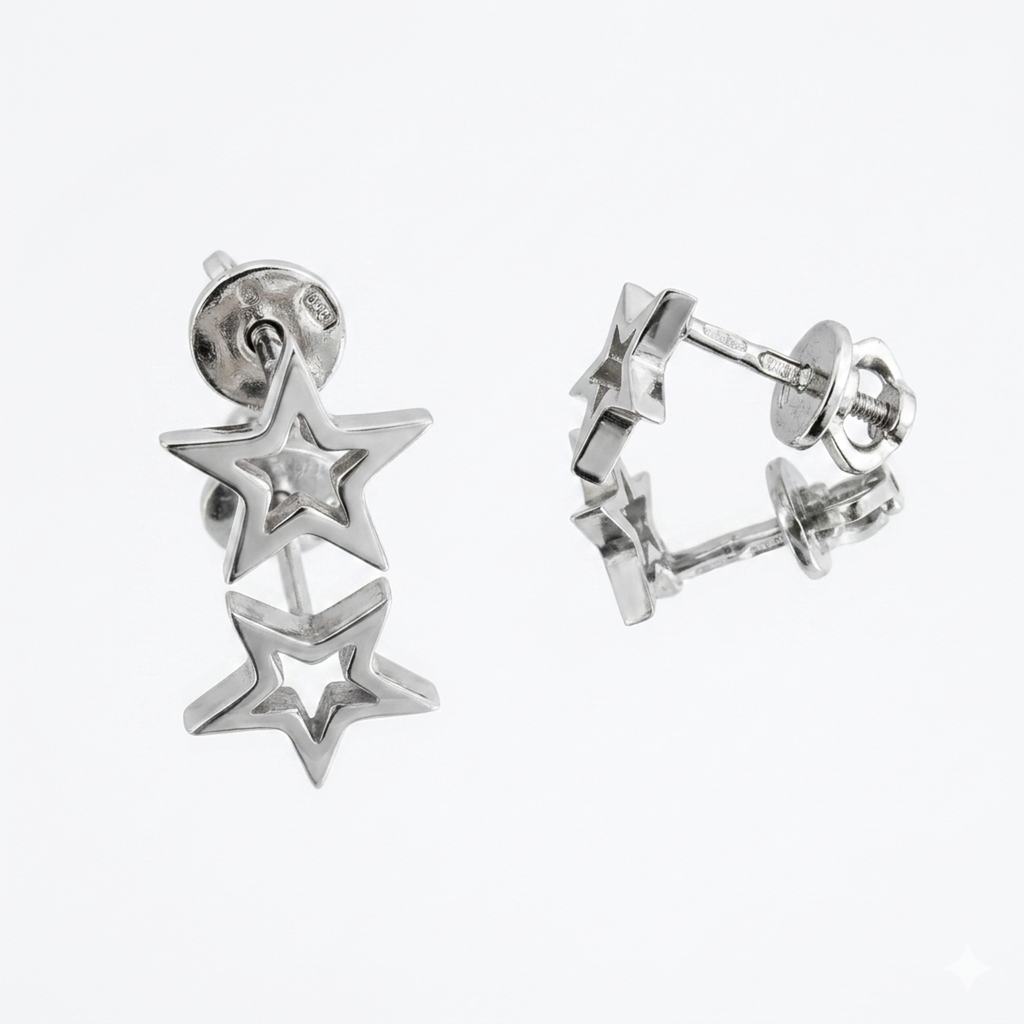 Edle Stern-Kontur Ohrringe aus 925 Silber rhodiniert mit präzisem Schraubverschluss.