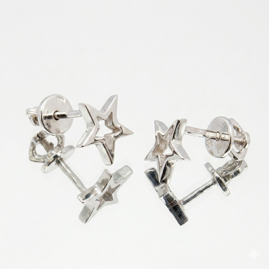 Detailansicht von Stern-Kontur Ohrsteckern aus 925 Silber rhodiniert mit Schraubverschluss auf einer Spiegeloberfläche.