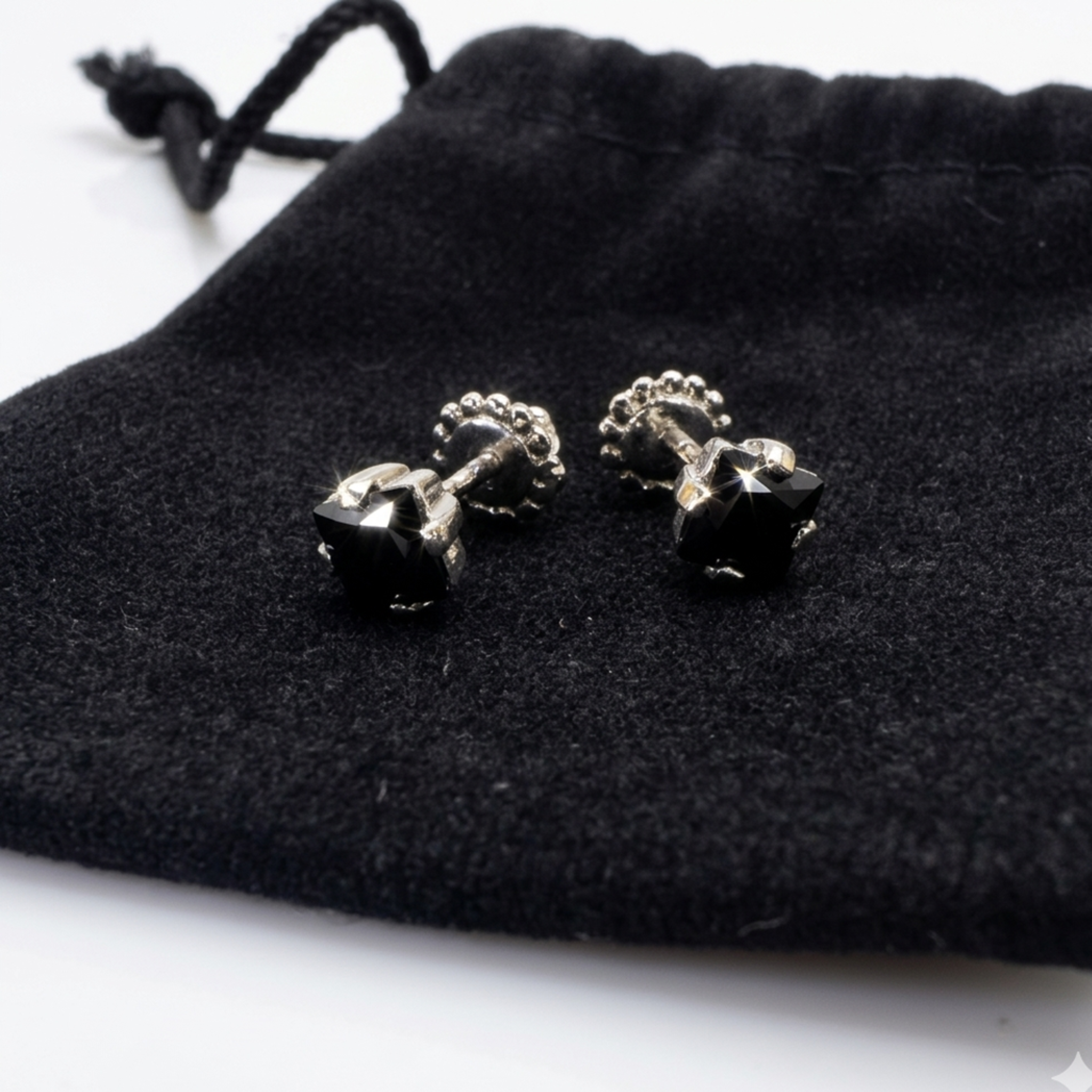 Rhodinierte Silber 925 Ohrstecker mit Schraubverschluss, präsentiert auf schwarzem Schmuckbeutel aus Samt.