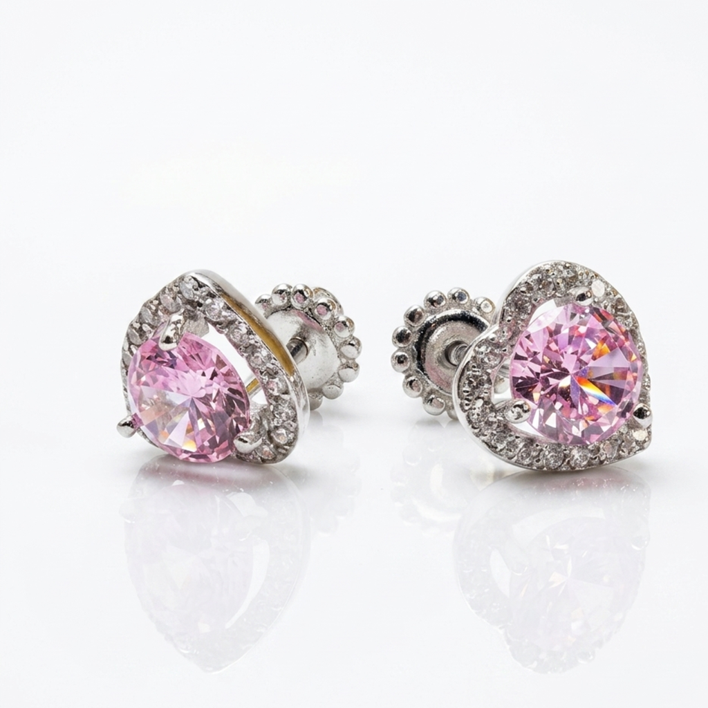 Ohrstecker in Herzform aus Silber 925 mit einem rosa Zirkonia и weißer Entourage. Modell mit sicherem Schraubverschluss und rhodinierter Oberfläche auf weißem Hintergrund.