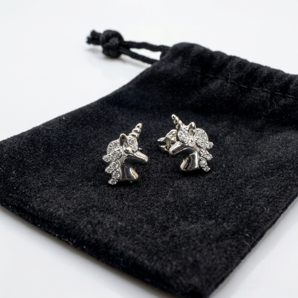 Lieferung: Handgefertigte Einhorn-Ohrstecker aus echtem 925er Sterling Silber mit rhodiniert Oberfläche. Als Geschenkidee, geliefert in dem abgebildeten schwarzen Samtbeutel.
