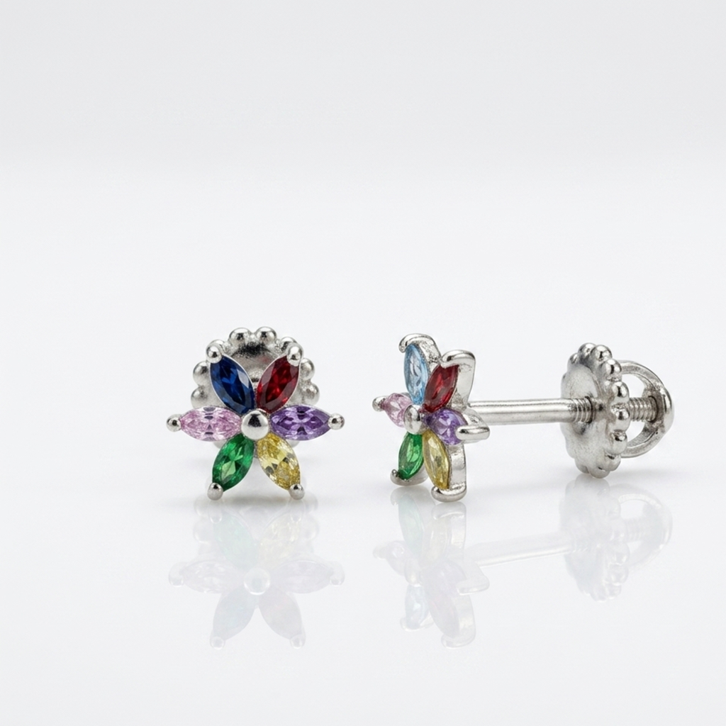 Seitenansicht der bunten Motiv-Ohrringe aus 925er Sterling Silber zur Detaildarstellung von Stiftlänge, Gewinde und Ohrmutter-Verschlussmechanismus auf weißer Oberfläche