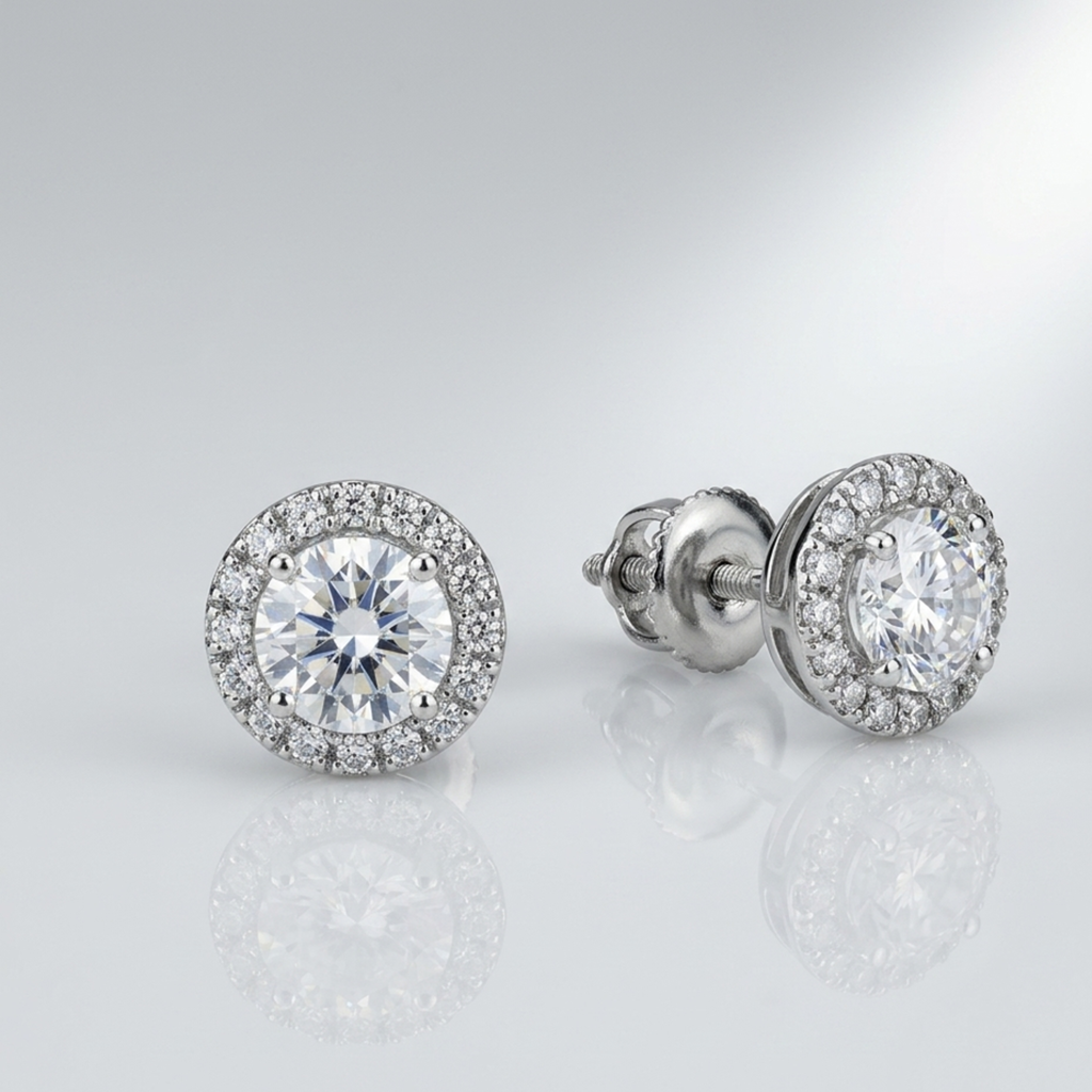 Detailansicht von 925 Silber-Ohrringen mit rundem Zirkonia-Zentralstein und feinem Pavé-Besatz auf hellem Studiohintergrund.