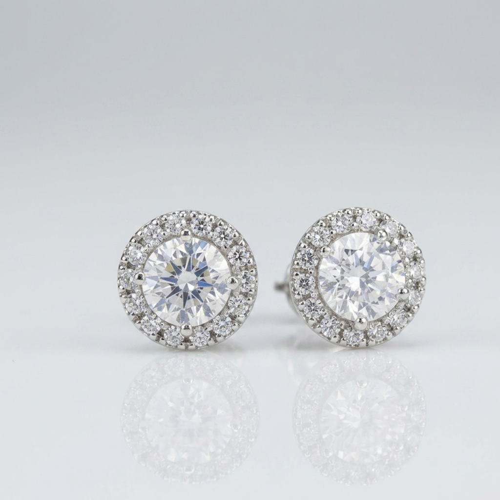 Nahaufnahme von eleganten runden Damen-Ohrringen aus rhodiniertem Silber mit glitzerndem Zirkonia-Besatz.