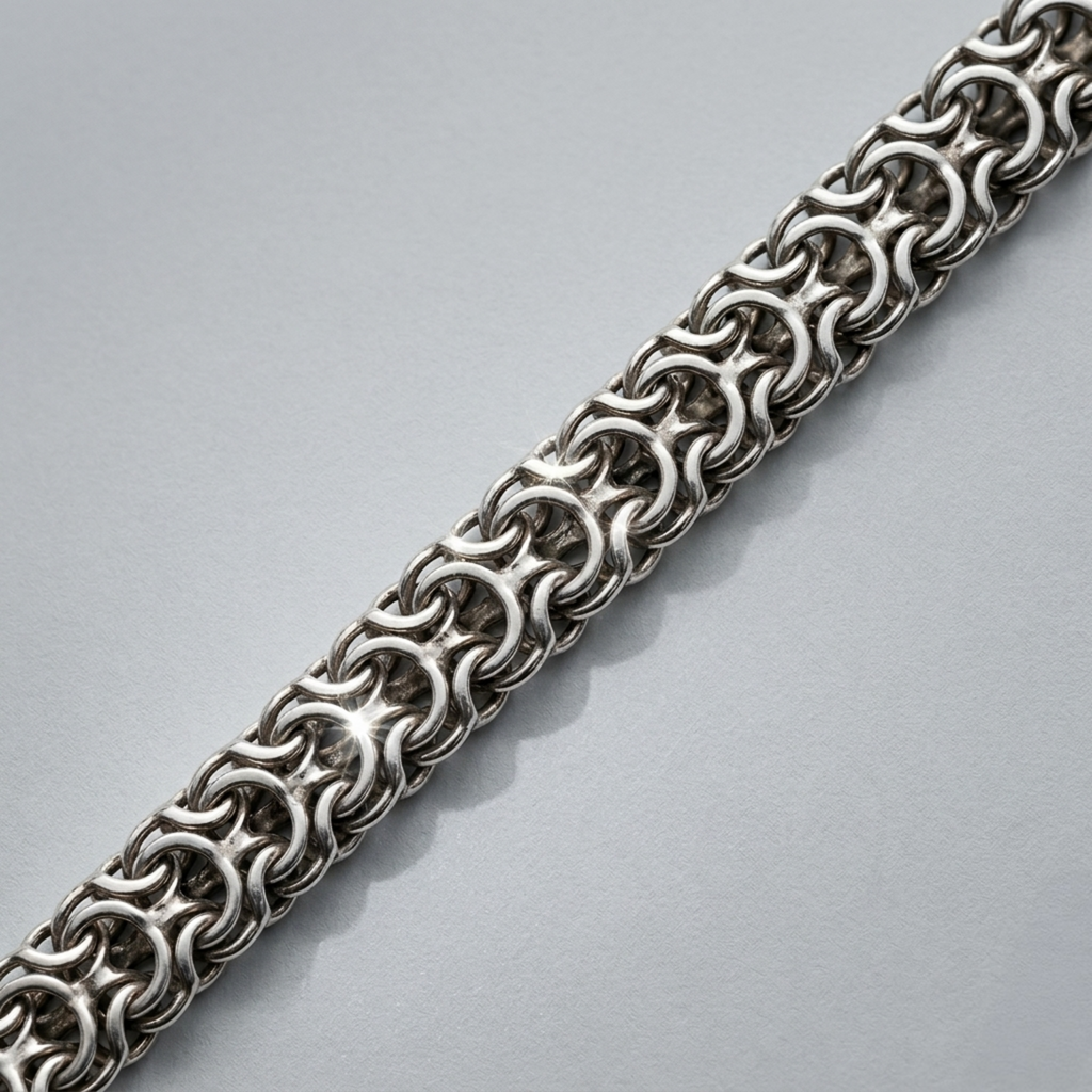 Nahaufnahme der massiven Herrenkette Modell Ramses aus handgearbeitetem 925er Sterling Silber zur Demonstration der oxidierten Oberfläche und des dichten Geflechts.