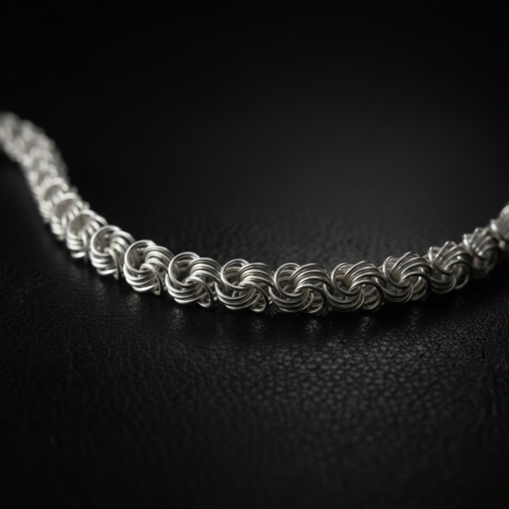 Handgefertigte Silberkette Modell Rose aus 925er Sterling Silber, elegant geschwungen präsentiert auf dunklem Leder.