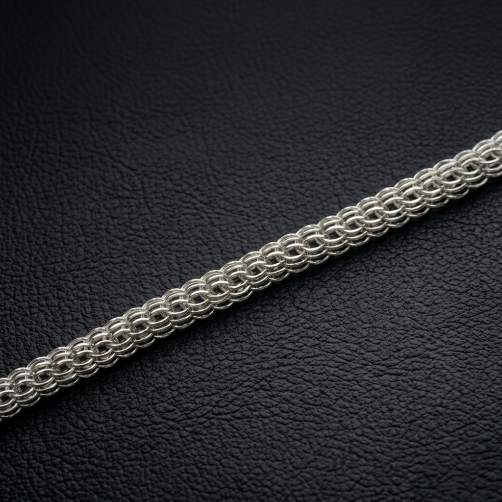Detailansicht einer unbeschichteten Silberkette Modell Super Python aus 925er Silber auf schwarzem Lederhintergrund zur Demonstration der feinen handwerklichen Struktur und des Kontrasts.