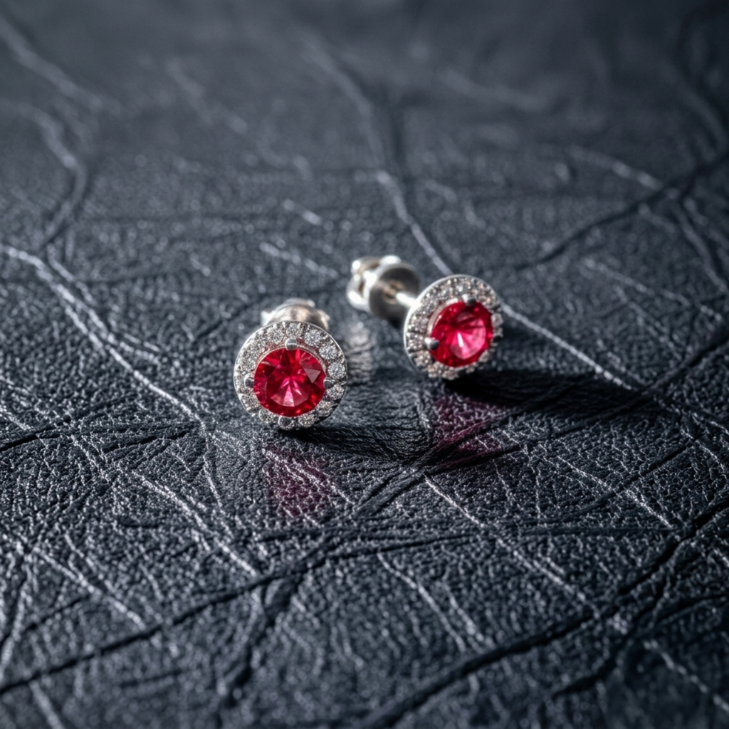Detailansicht: Rhodiniertes 925 Sterling Silber Halo-Ohrringe-Paar mit funkelndem rotem Stein präsentiert auf dunklem Leder