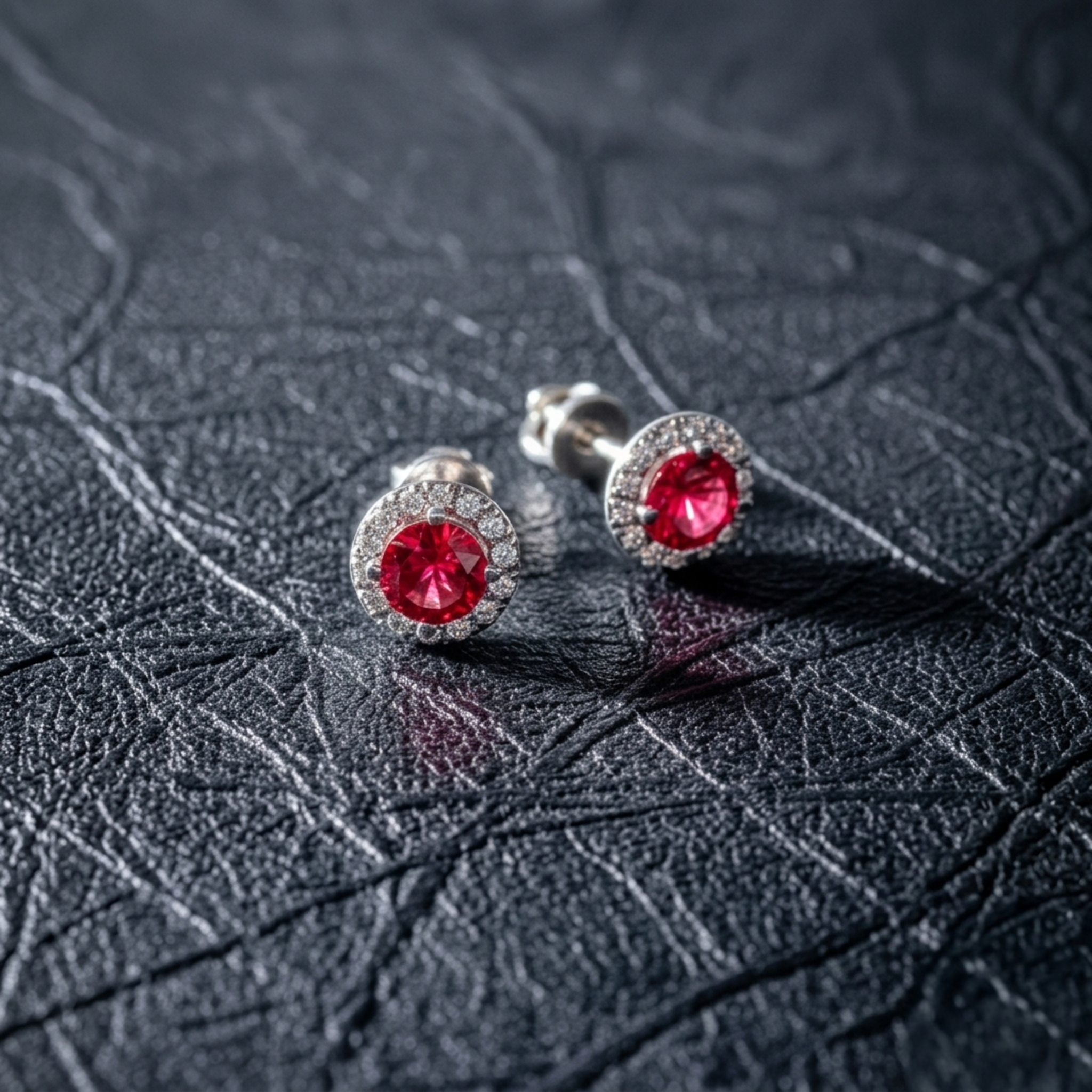Detailansicht: Rhodiniertes 925 Sterling Silber Halo-Ohrringe-Paar mit funkelndem rotem Stein präsentiert auf dunklem Leder