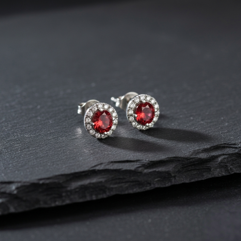 Detailansicht: Rhodiniertes 925 Sterling Silber Halo-Ohrringe-Paar mit funkelndem rotem Stein präsentiert auf dunklem Naturstein.