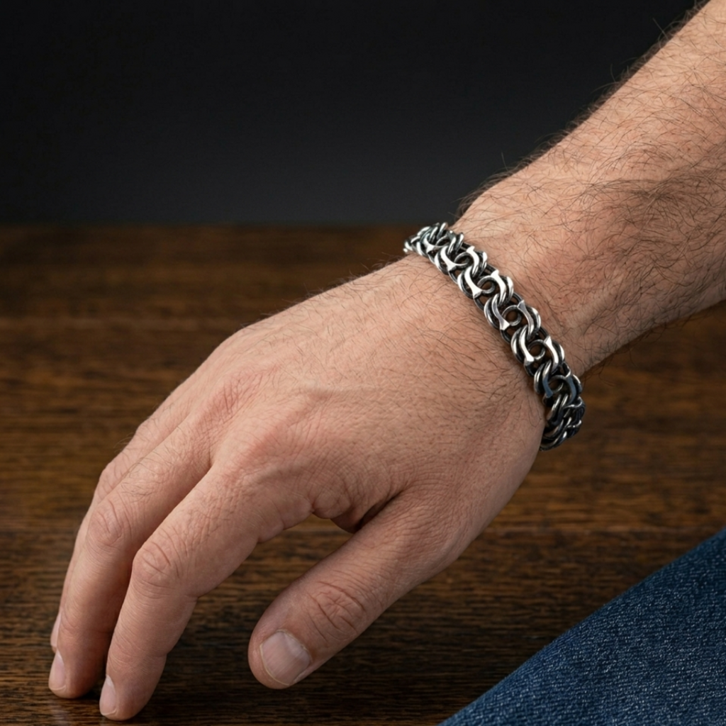Werwolf-Silberarmband aus 925er Sterling Silber mit oxidierter Oberfläche an einem Handgelenk vor einem Holzhintergrund.
